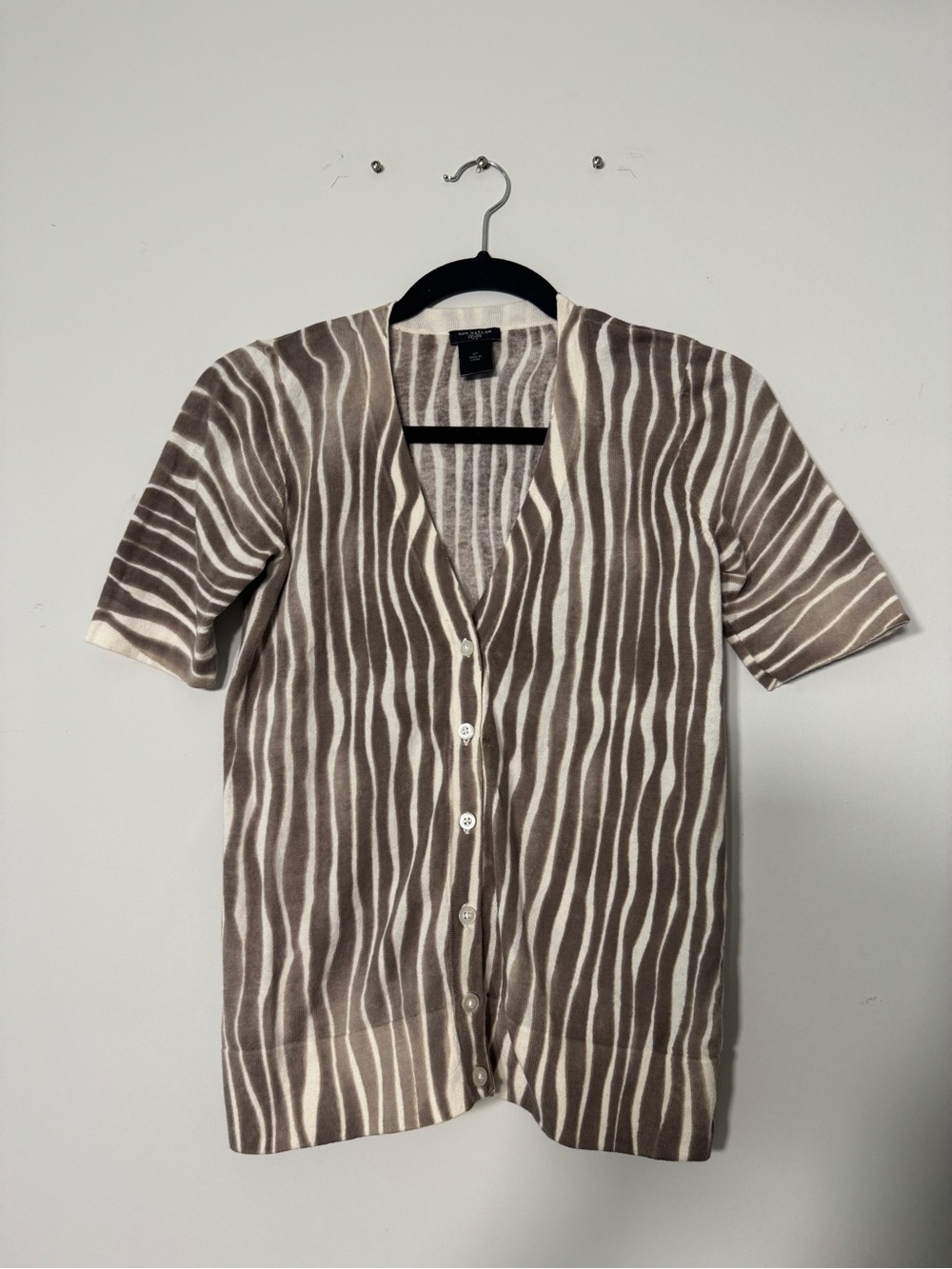 Zebra Stripe Short-Sleeve Cardigan - Taupe & Cream